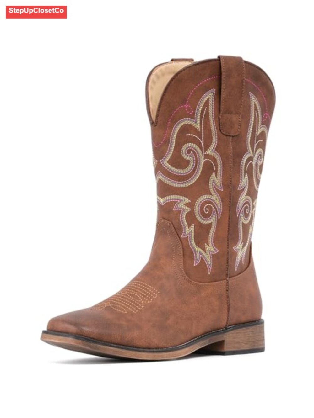 Mid Calf Western Cowboy Boots Square Toe Faux Leather